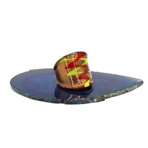 1970's Handblown Orange and Yellow Swirl on Gold Glitter Glass Ring